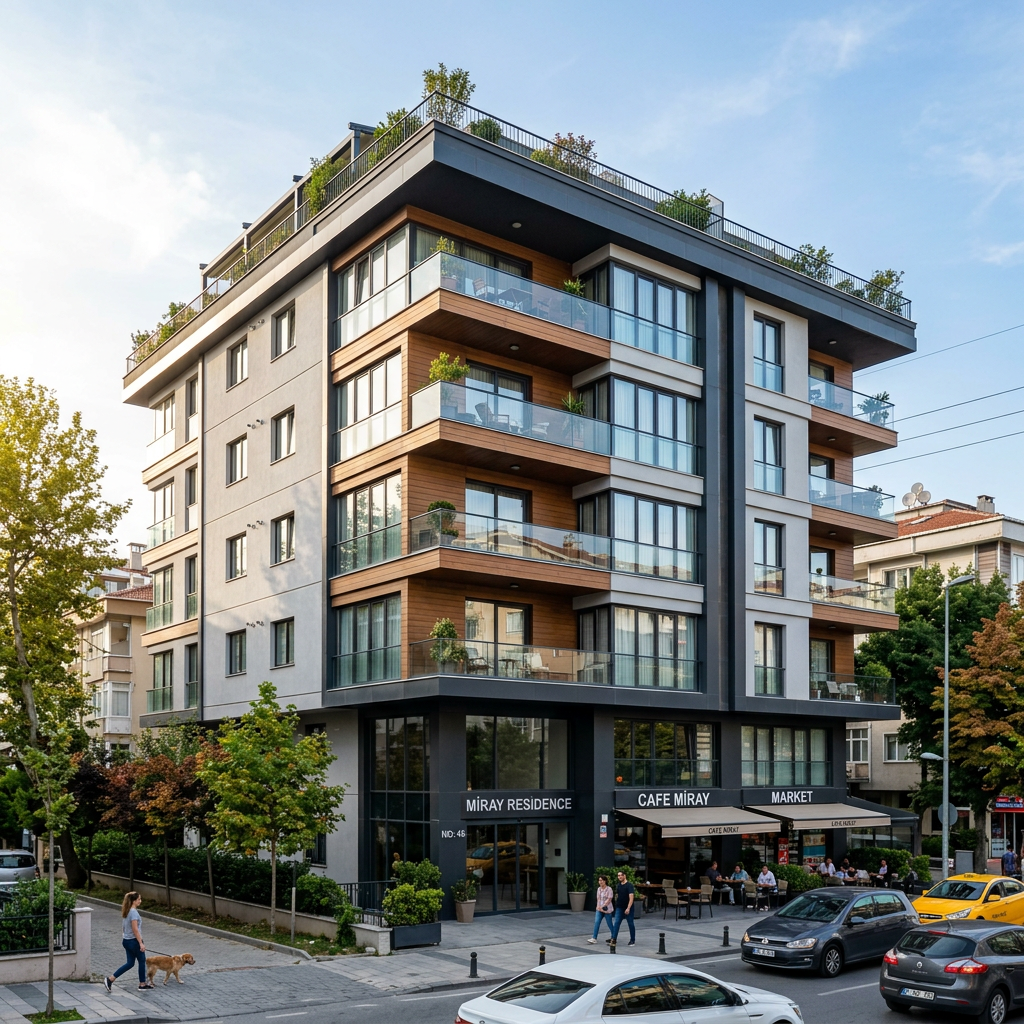 Modern multi-story building with balconies, ground-floor cafe, and greenery