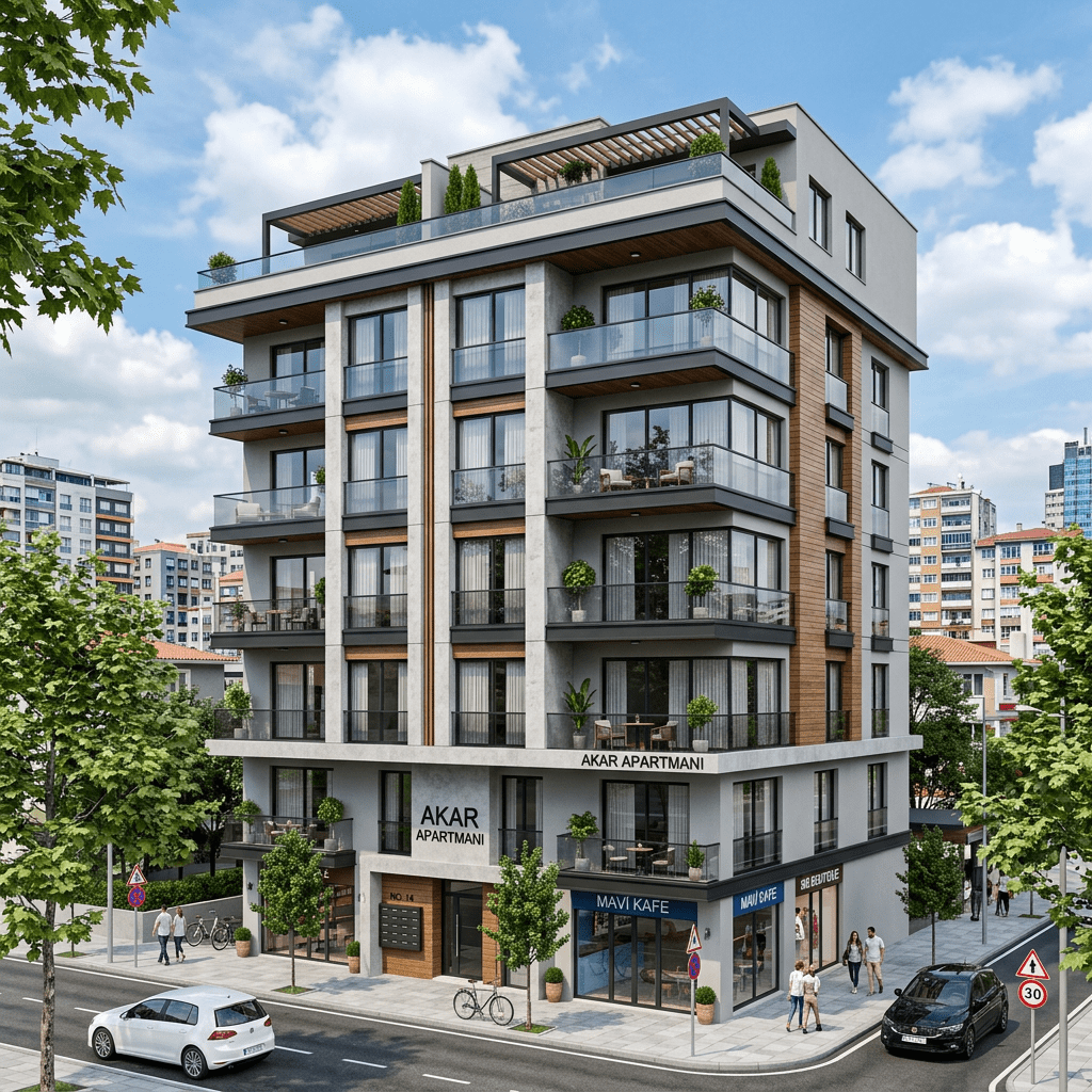 Six-story apartment building with balconies, retail stores including a cafe, and people walking nearby